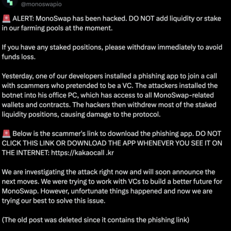 MonoSwap Hack: Users are advised not to deposit funds