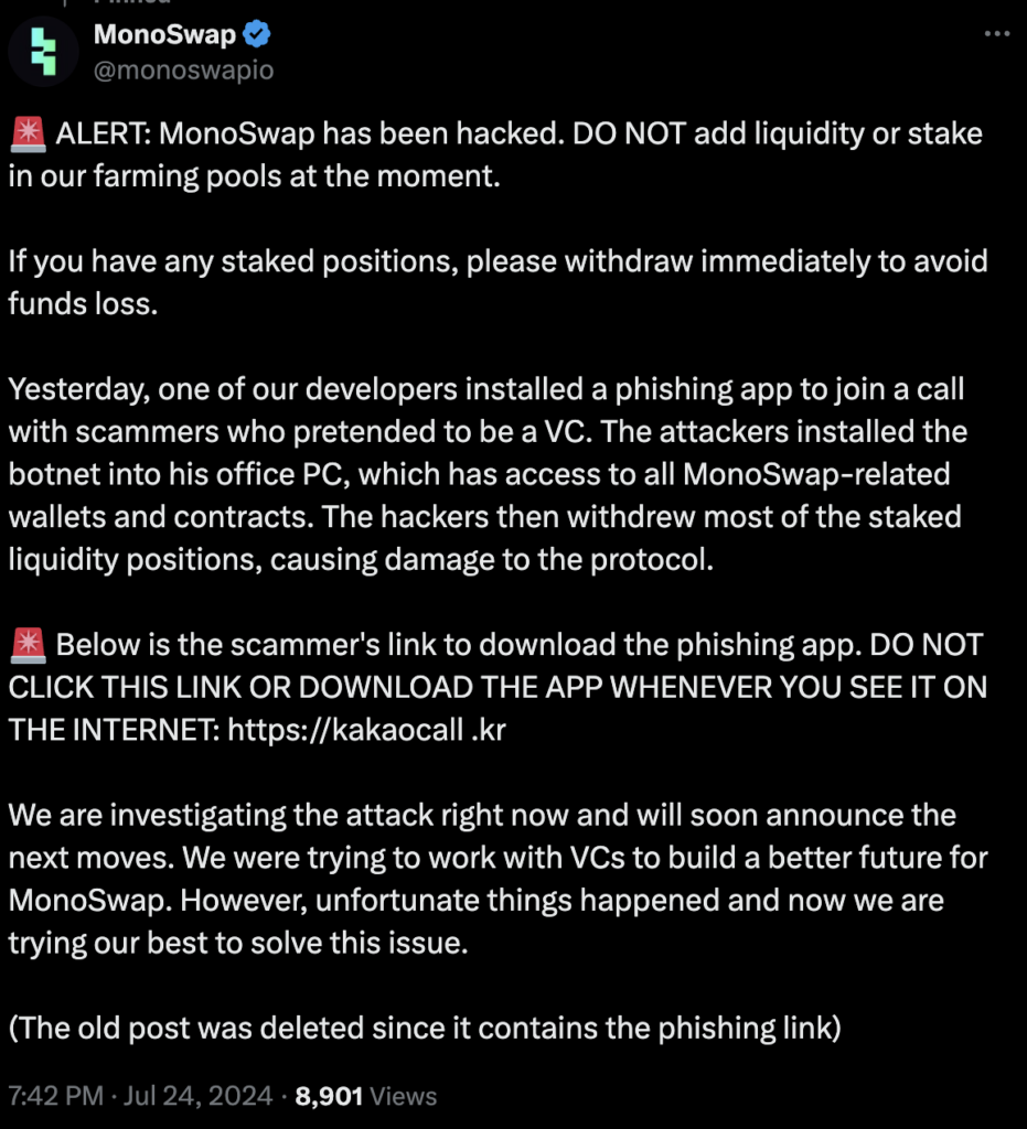 MonoSwap Hack: Users are advised not to deposit funds